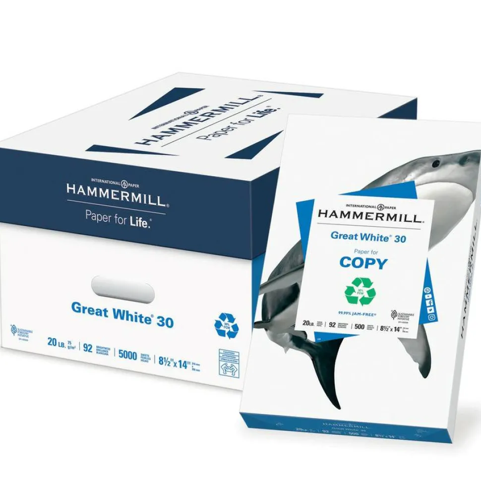 Hammermill Great White Copy Paper, White, Legal (8.5" x 14"), 500 Sheets Per Ream, 20 Lb, 92 Brightness, 30% Recycled