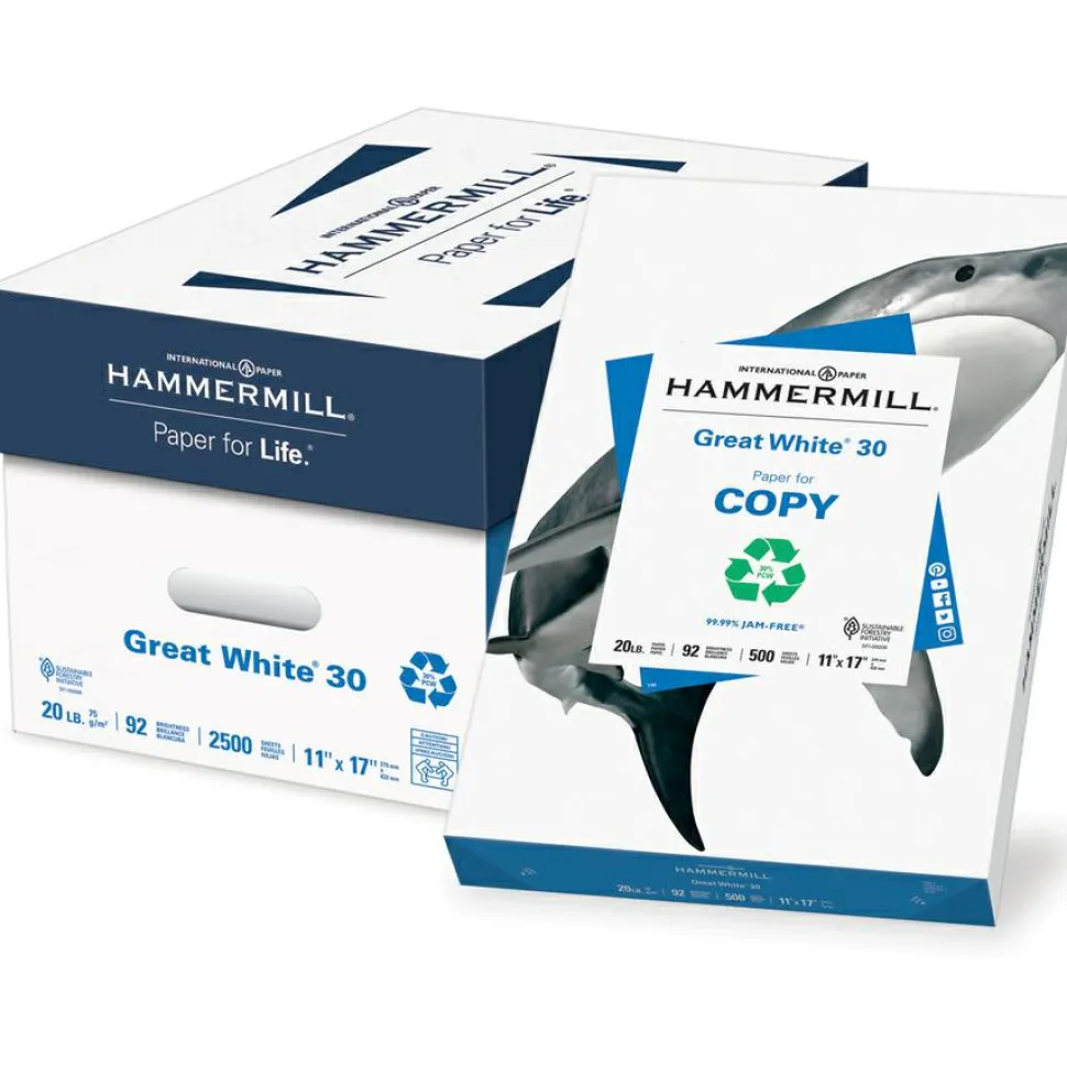 Hammermill Great White Inkjet Or Laser Paper, 1 Ream, White, Ledger Size (11" x 17"), 30% Recycled, Ream Of 500 Sheets, 20 Lb, 92 Brightness