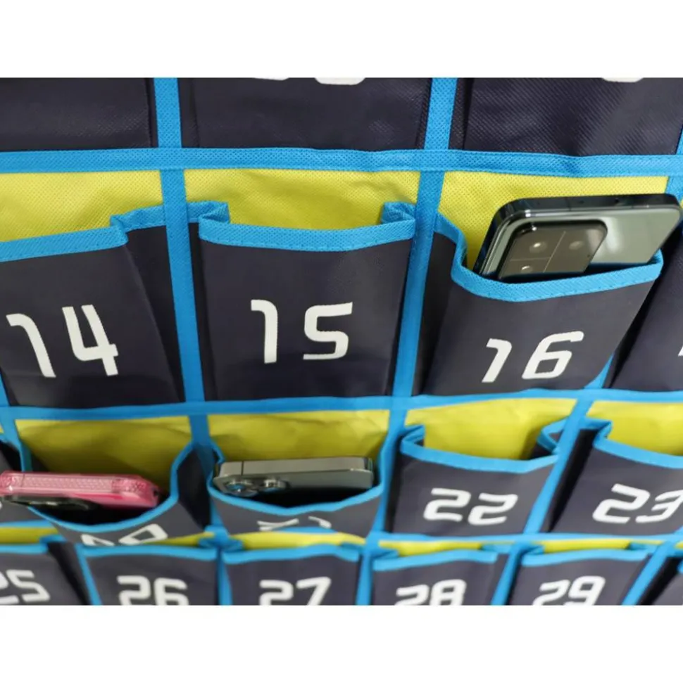 Hanging 36-Pocket Cell Phone Storage Classroom Organizer, 37-13/16” x 26-7/16”, Blue/Yellow