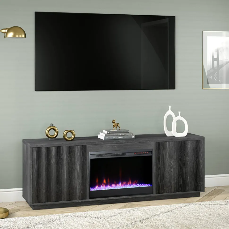Hanson Rectangular TV Stand with 26" Crystal Fireplace for TV's up to 75" in Alder White
