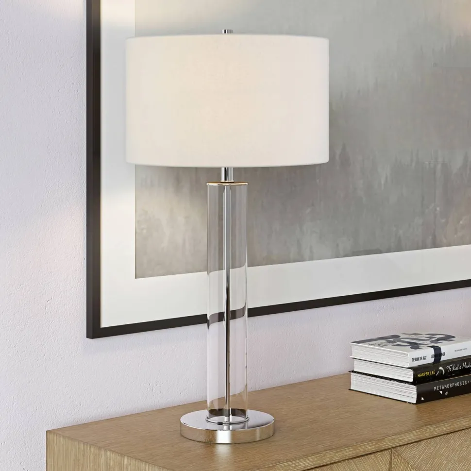 Harlow 29" Tall Table Lamp with Fabric Shade in Clear Glass/Polished Nickel/White