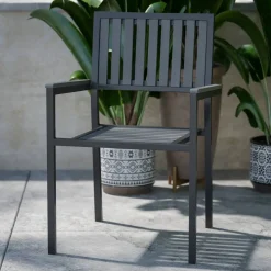 Harris Set of 2 Commercial Indoor/Outdoor Stacking Club Chairs with Black Poly Resin Slatted Backs and Seats