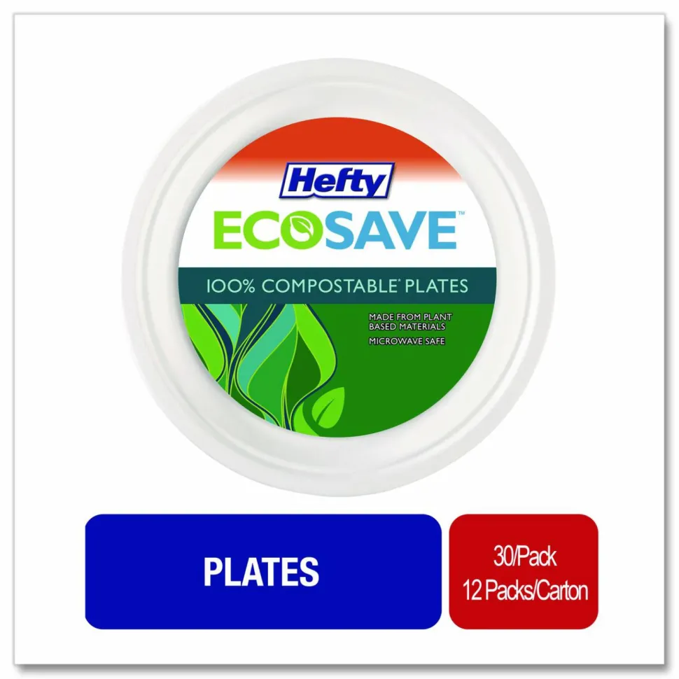 Hefty ECOSAVE Tableware, Plate, Sugarcane, 6.75" dia, White, 30/Pack, 12 Packs/Carton