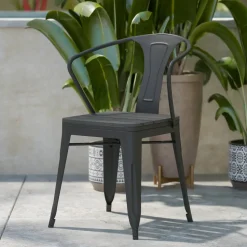Helvey Commercial Indoor/Outdoor Black Stacking Arm Chair with Vertical Slat Back and Poly Resin Slatted Seat, Set of 2