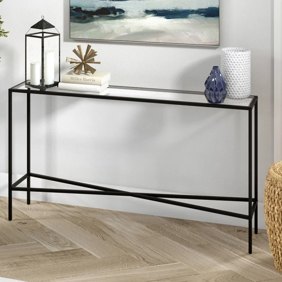 Henley 55" Wide Rectangular Console Table with Glass Top in Blackened Bronze