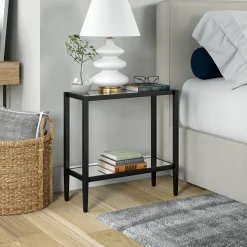 Hera 24" Wide Rectangular Side Table with Glass Shelf in Blackened Bronze