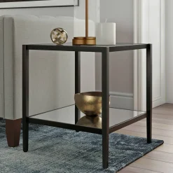Hera 20" Wide Square Side Table with Mirror Shelf in Blackened Bronze