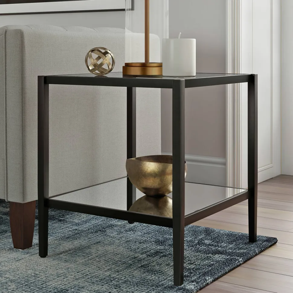 Hera 20" Wide Square Side Table with Mirror Shelf in Blackened Bronze