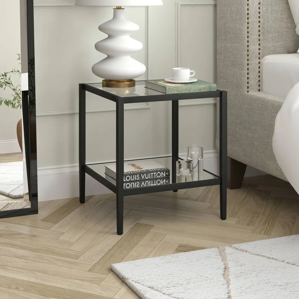 Hera 20" Wide Square Side Table with Mirror Shelf in Blackened Bronze
