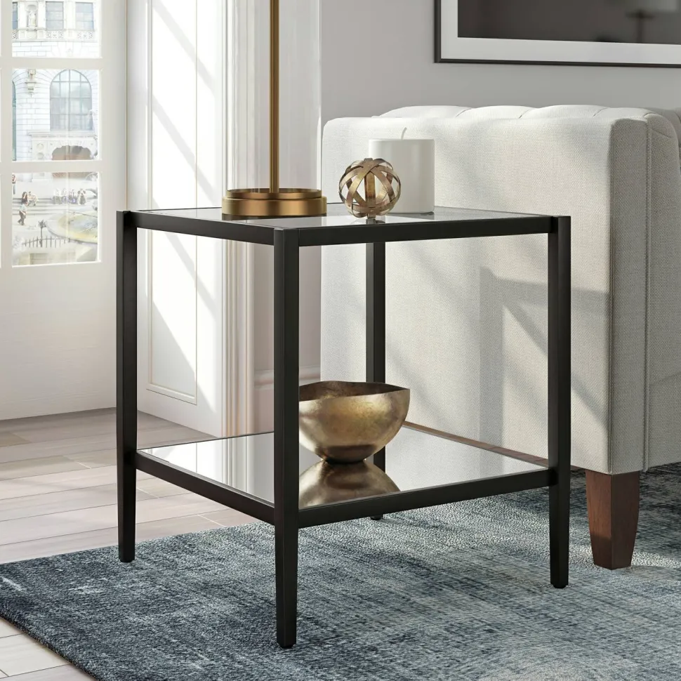 Hera 20" Wide Square Side Table with Mirror Shelf in Blackened Bronze