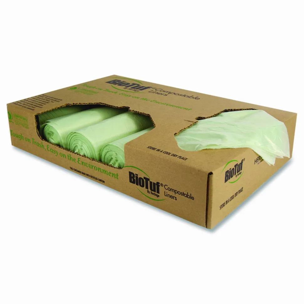 Heritage Biotuf Can Liners, 33 gal, 0.9 mil, 33" x 39", Light Green, 25 Bags/Roll, 8 Rolls/Carton
