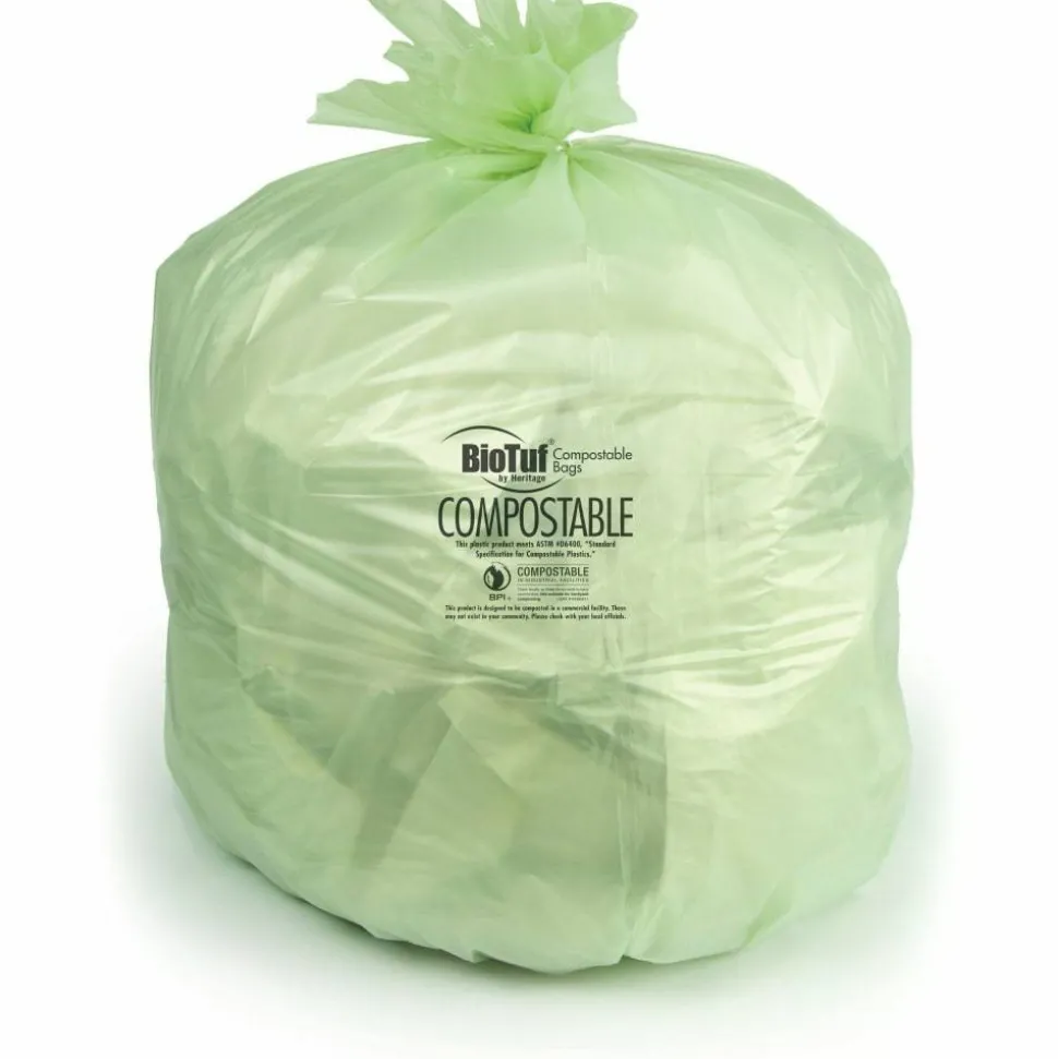 Heritage Biotuf Can Liners, 45 gal, 0.9 mil, 40" x 46", Green, 25 Bags/Roll, 5 Rolls/Carton