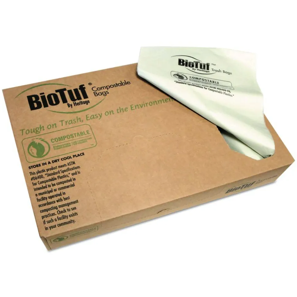 Heritage Biotuf Can Liners, 45 gal, 0.9 mil, 40" x 46", Green, 25 Bags/Roll, 5 Rolls/Carton