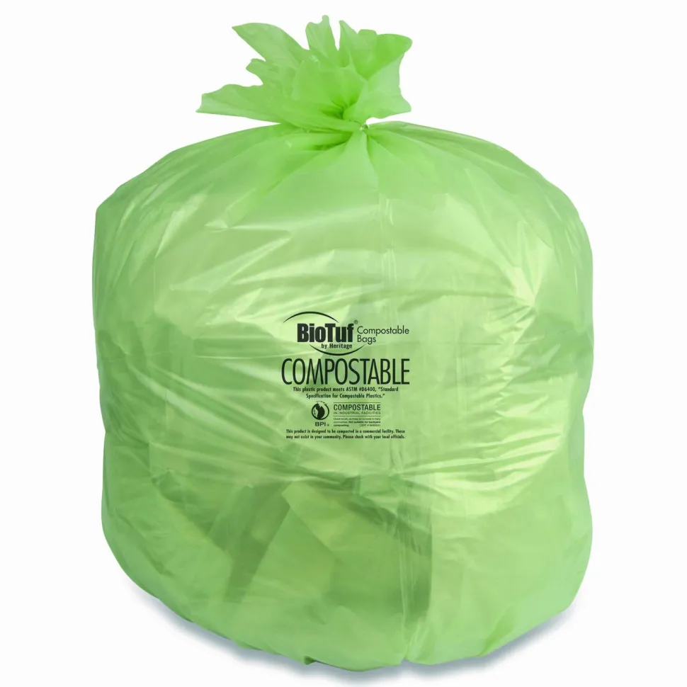Heritage Biotuf Can Liners, 45 gal, 0.9 mil, 40" x 46", Green, 25 Bags/Roll, 5 Rolls/Carton