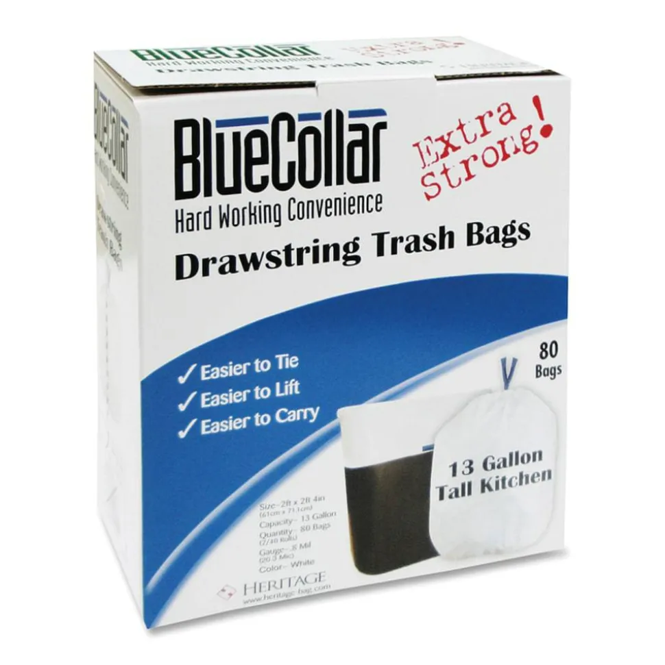 Heritage Drawstring Can Liners, 13 Gallon, 0.8 Mil, White, Box Of 80