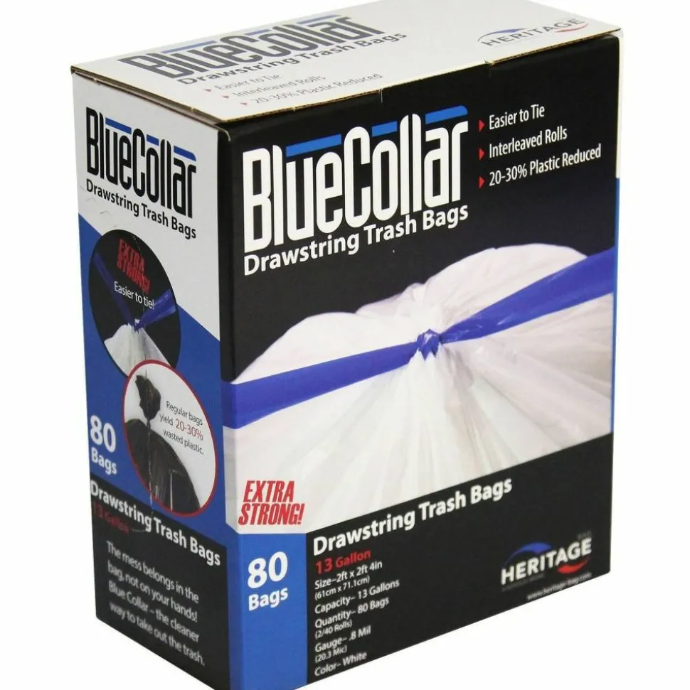 Heritage Drawstring Can Liners, 13 Gallon, 0.8 Mil, White, Box Of 80