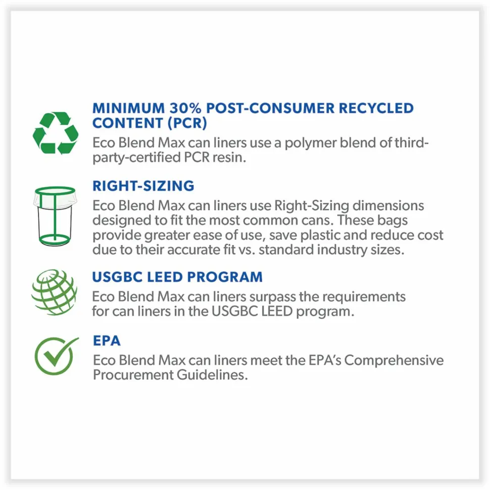 Heritage Eco Blend Max Can Liners, 33 gal, 0.8 mil, 33" x 39", Black, 25 Bags/Roll, 8 Rolls/Carton