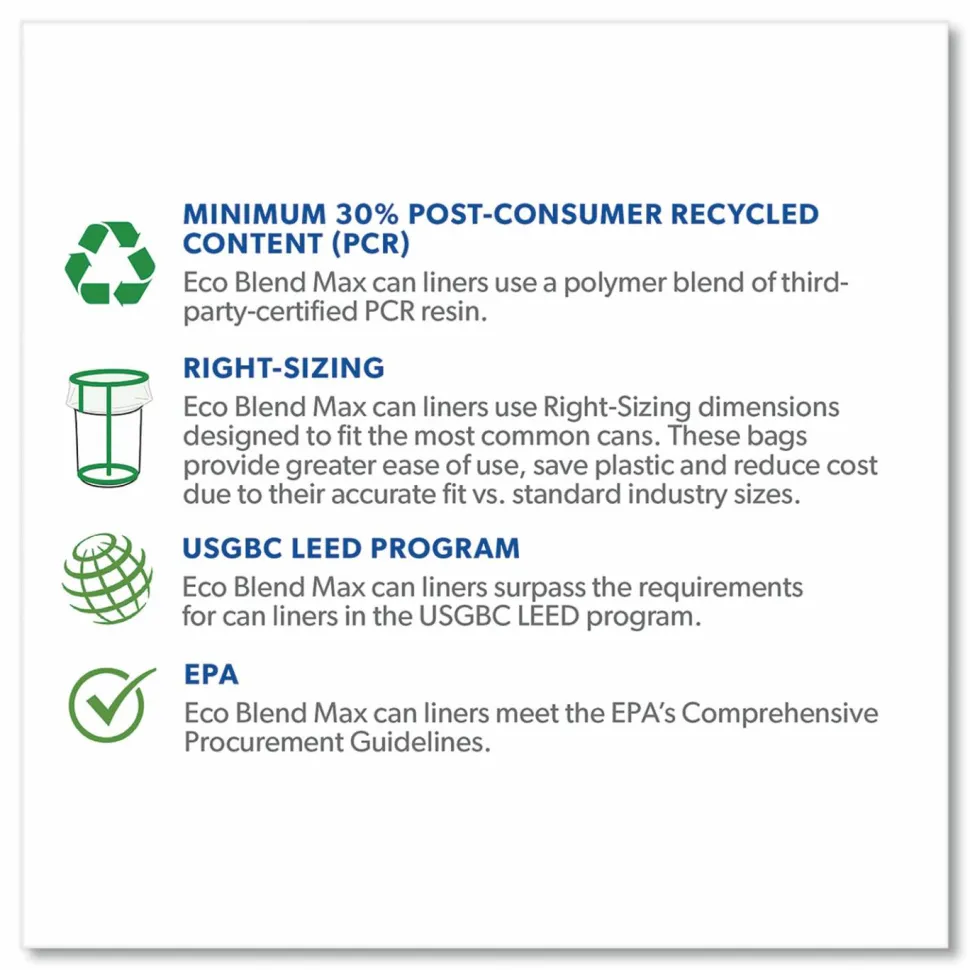Heritage Eco Blend Max Can Liners, 23 gal, 0.8 mil, 28" x 45", Green, 25 Bags/Roll, 10 Rolls/Carton