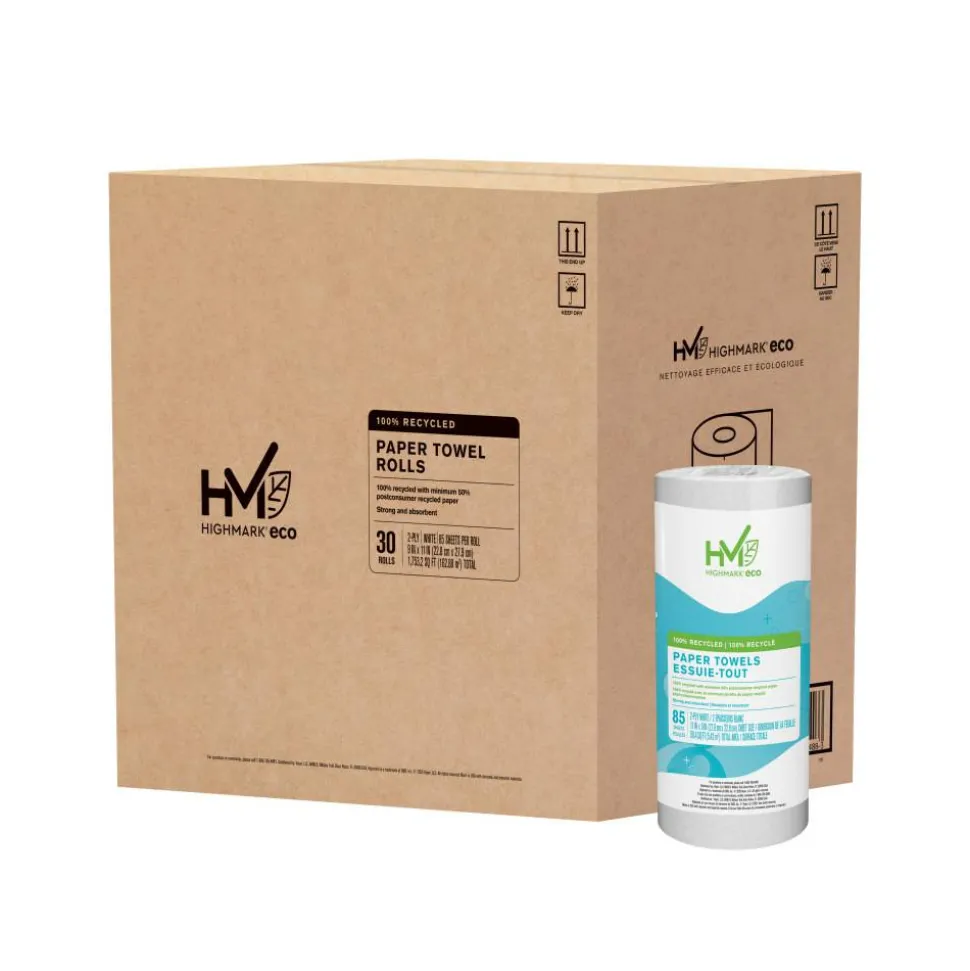 Highmark ECO 2-Ply Paper Towels, 100% Recycled, 85 Sheets Per Roll, Case Of 30 Rolls