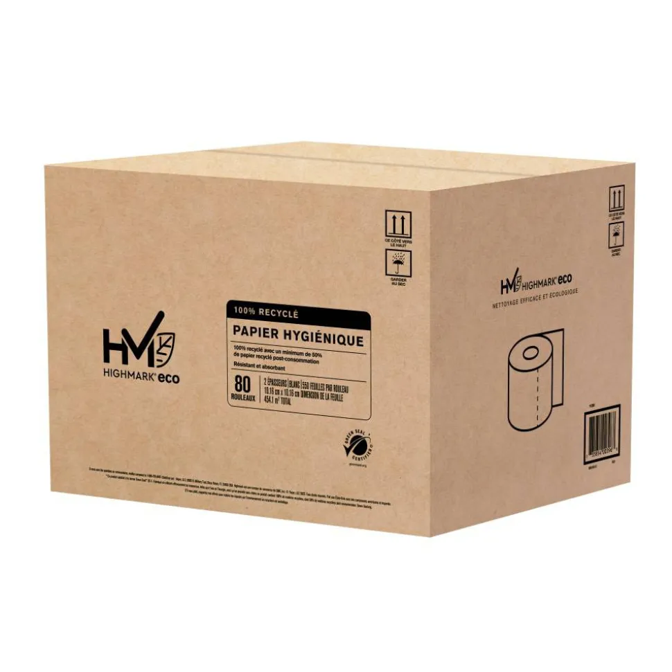 Highmark ECO 2-Ply Toilet Paper, 100% Recycled, White, 550 Sheets Per Roll, Case Of 80 Rolls