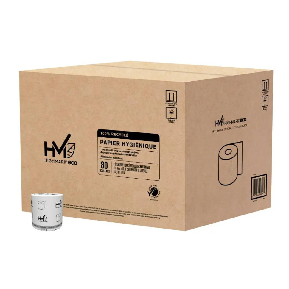 Highmark ECO 2-Ply Toilet Paper, 100% Recycled, White, 550 Sheets Per Roll, Case Of 80 Rolls