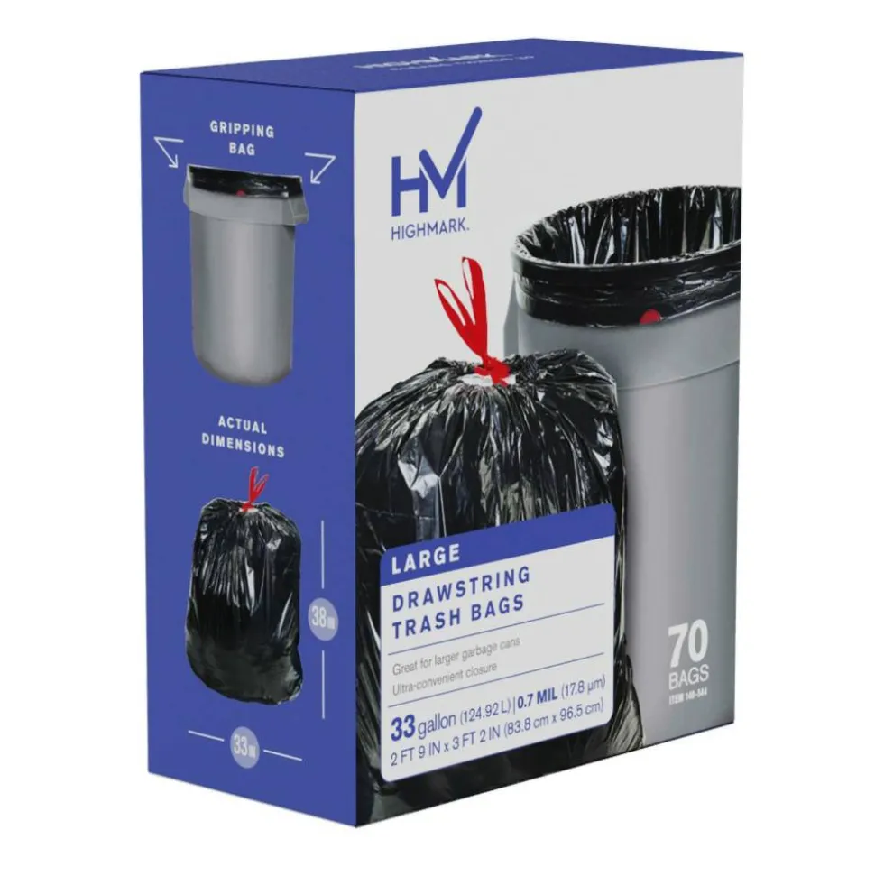 Highmark Large Drawstring Trash Bags, 0.7 mil, 33 Gallon, Black, Box Of 70 Bags