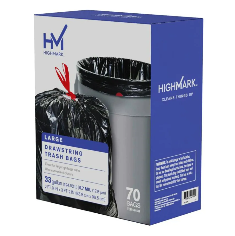Highmark Large Drawstring Trash Bags, 0.7 mil, 33 Gallon, Black, Box Of 70 Bags