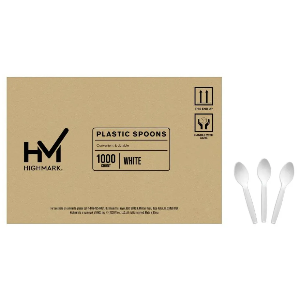 Highmark Plastic Utensils, Medium-Size Spoons, White, Box Of 1,000 Spoons