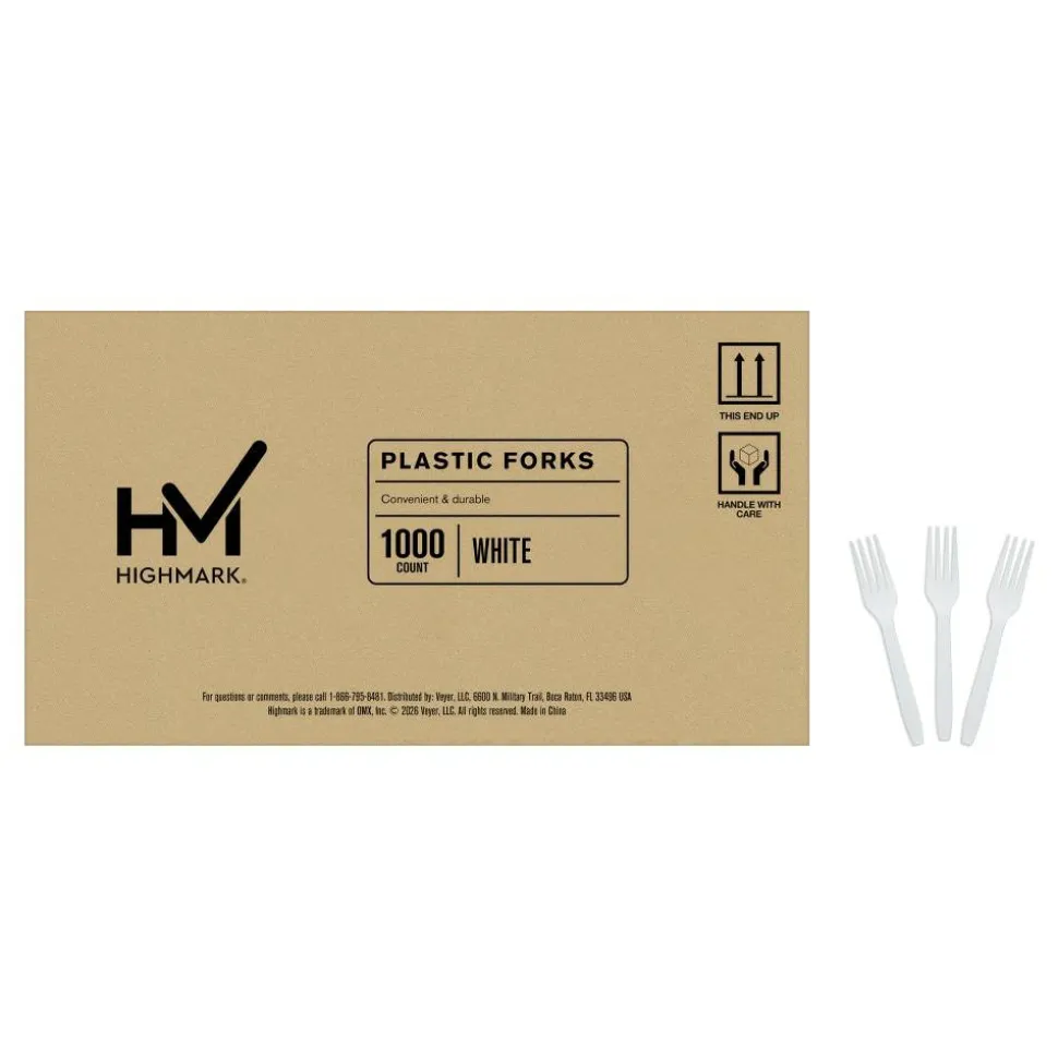 Highmark Plastic Utensils, Medium-Size Forks, White, Box Of 1,000 Forks