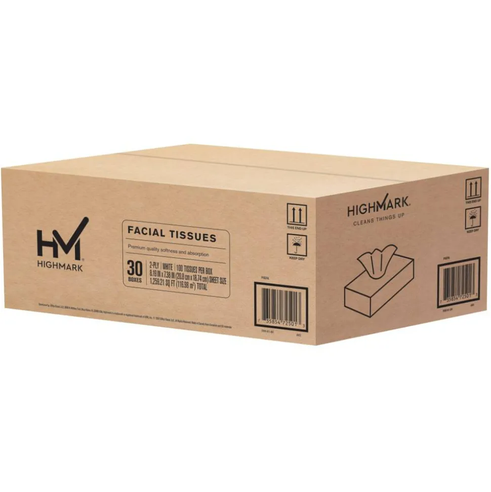 Highmark 2-Ply Facial Tissue, Flat Box, White, 100 Tissues Per Box, Case Of 30 Boxes