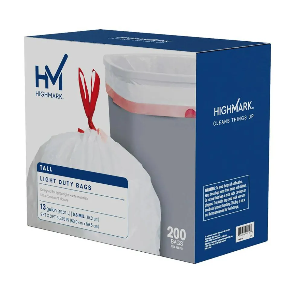 Highmark Tall 0.6 mil Drawstring Kitchen Trash Bags, 0.6 mil, 13 Gallon, 27.375" x 24", White, Box Of 200