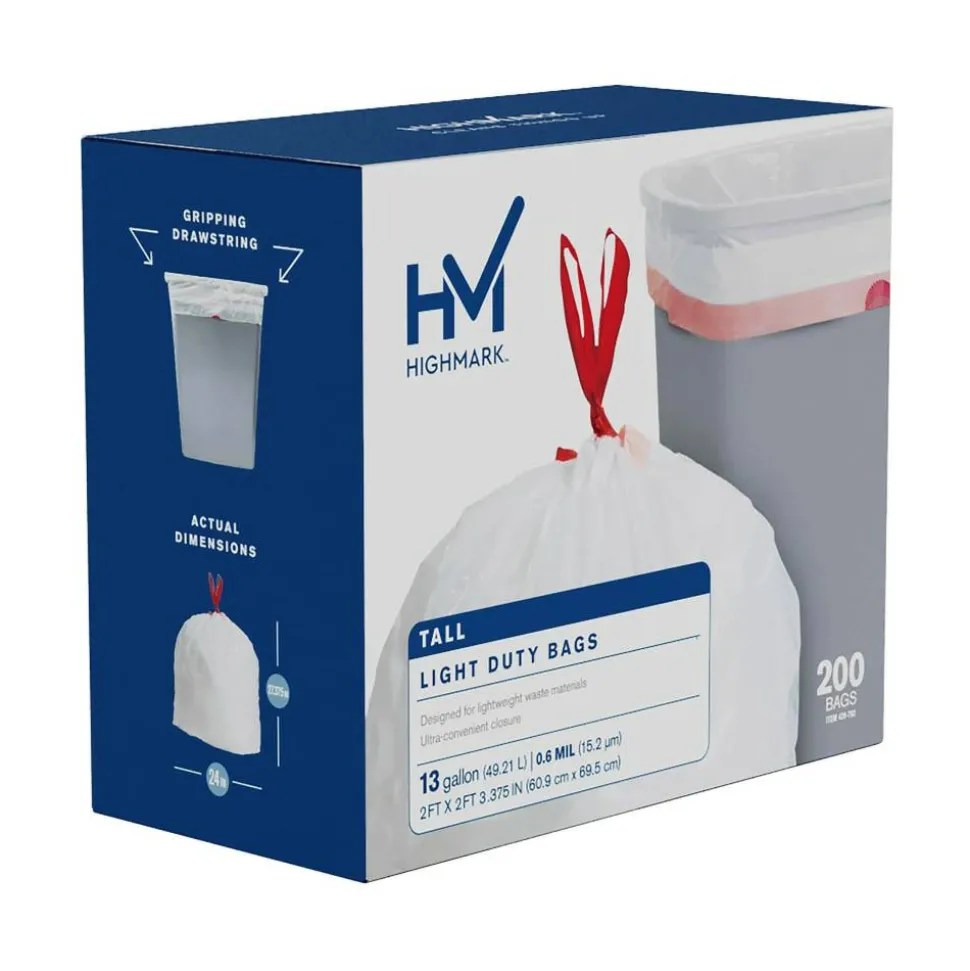 Highmark Tall 0.6 mil Drawstring Kitchen Trash Bags, 0.6 mil, 13 Gallon, 27.375" x 24", White, Box Of 200