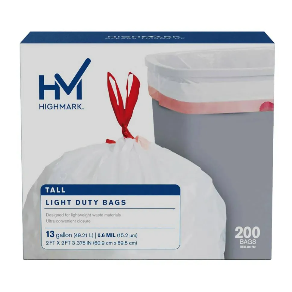 Highmark Tall 0.6 mil Drawstring Kitchen Trash Bags, 0.6 mil, 13 Gallon, 27.375" x 24", White, Box Of 200