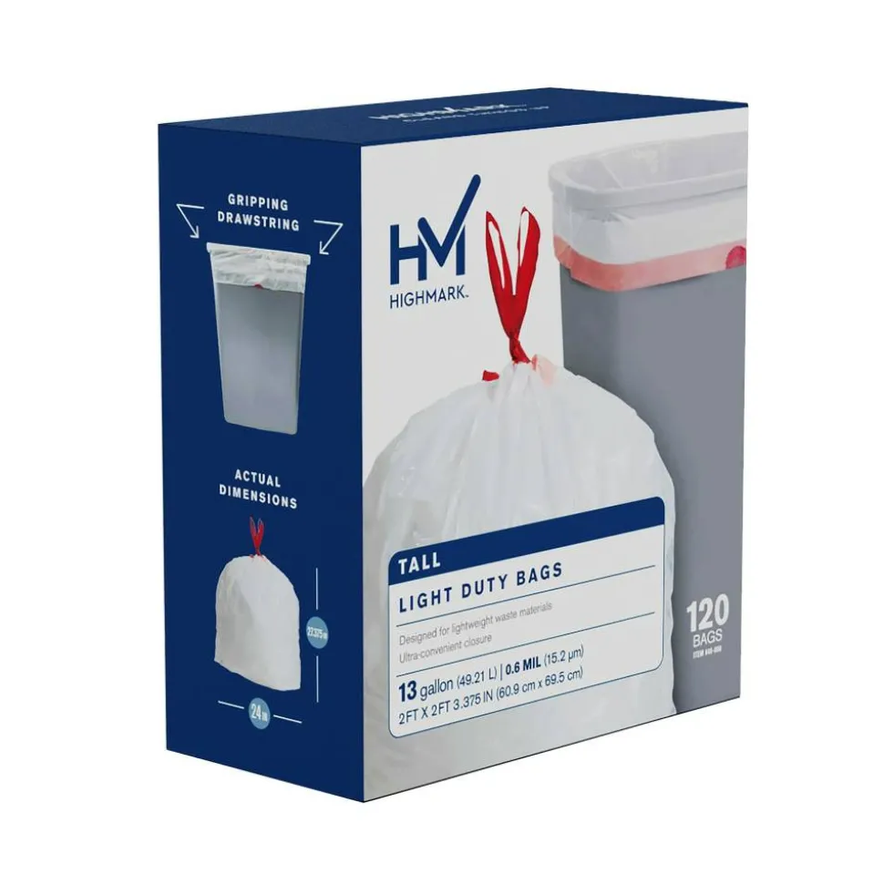 Highmark Tall 0.6 mil Drawstring Kitchen Trash Bags, 0.6 mil, 13 Gallon, 24" x 28", White, Box Of 120