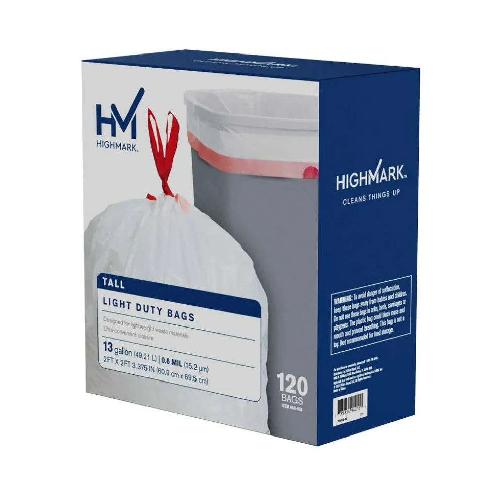 Highmark Tall 0.6 mil Drawstring Kitchen Trash Bags, 0.6 mil, 13 Gallon, 24" x 28", White, Box Of 120