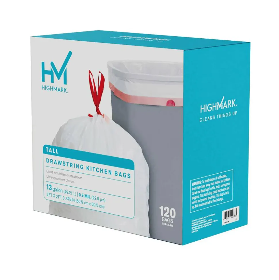 Highmark Tall 0.9 mil Drawstring Kitchen Trash Bags, 0.9mil, 13 Gallon, 27.375" x 24", White, Box Of 120