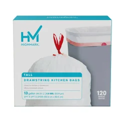 Highmark Tall 0.9 mil Drawstring Kitchen Trash Bags, 0.9mil, 13 Gallon, 27.375