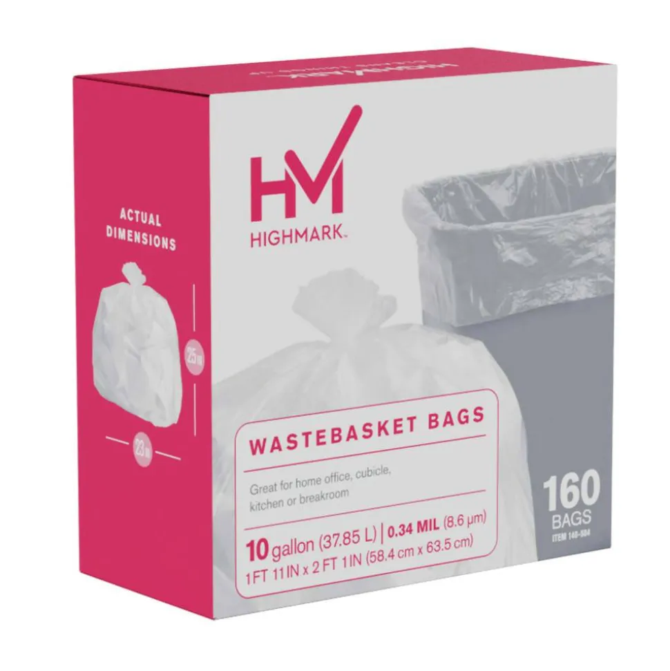 Highmark Wastebasket Trash Bags, 0.34 mil, 10 Gallon, Clear, Box Of 160 Bags