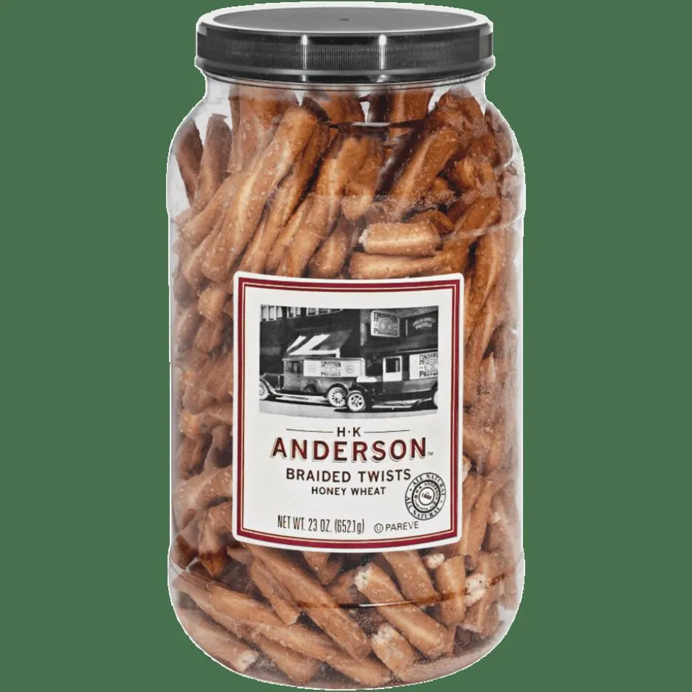 H.K. Anderson Anderson Pretzels, Honey Wheat Braided Pretzels, 23 Oz Tub