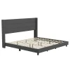 Hollis King Upholstered Platform Bed with Wingback Headboard, Mattress Foundation with Slatted Supports, No Box Spring Needed, Charcoal Faux Linen
