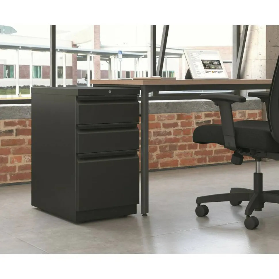 HON Brigade Mobile Pedestal with Pencil Tray Insert, Left or Right, 3-Drawers: Box/Box/File, Letter, Black, 15" x 22.88" x 28"