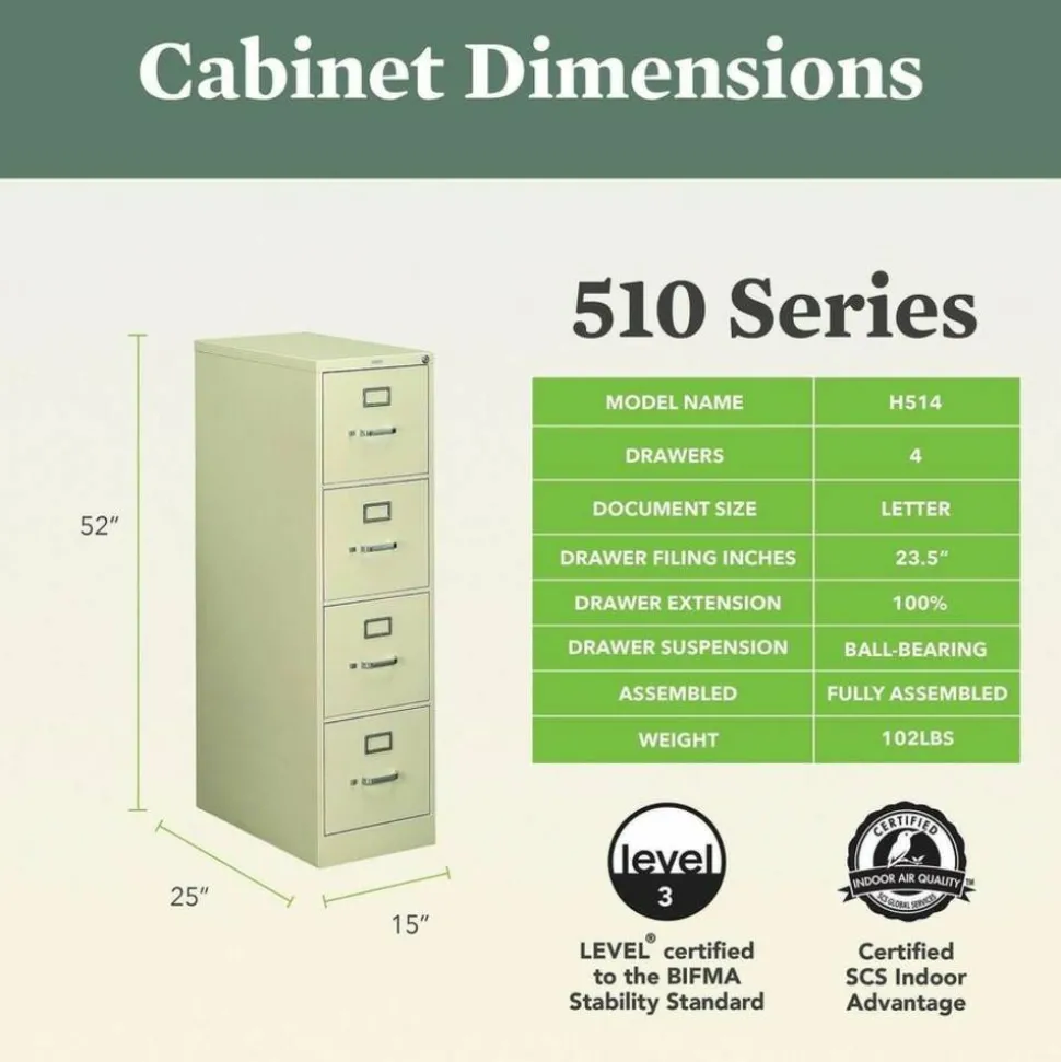 HON 510 25"D Vertical 4-Drawer File Cabinet, Putty