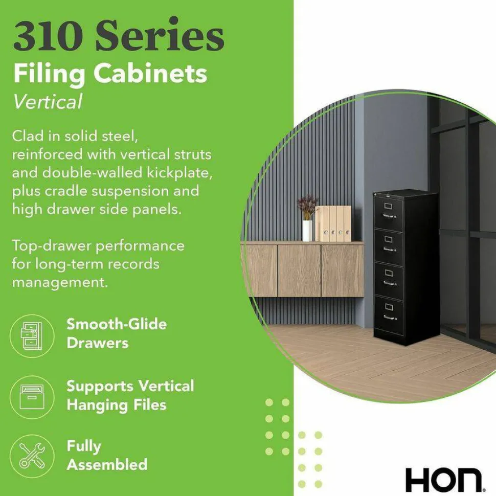 HON 310 26-1/2"D Vertical 4-Drawer Legal-Size File Cabinet, Black