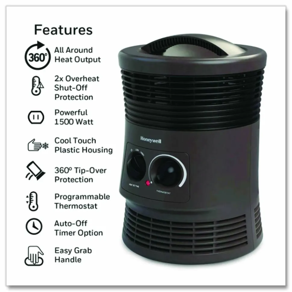 Honeywell 360 Surround Fan Forced Heater, 1,500 W, 9 x 9 x 12, Gray