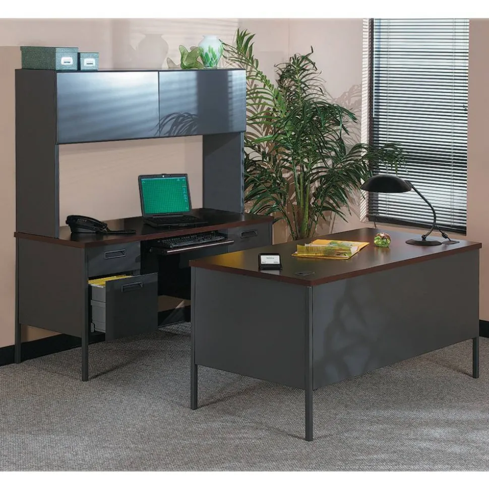 HON Metro Classic 48"W Single-Pedestal Computer Desk, Mahogany/Charcoal