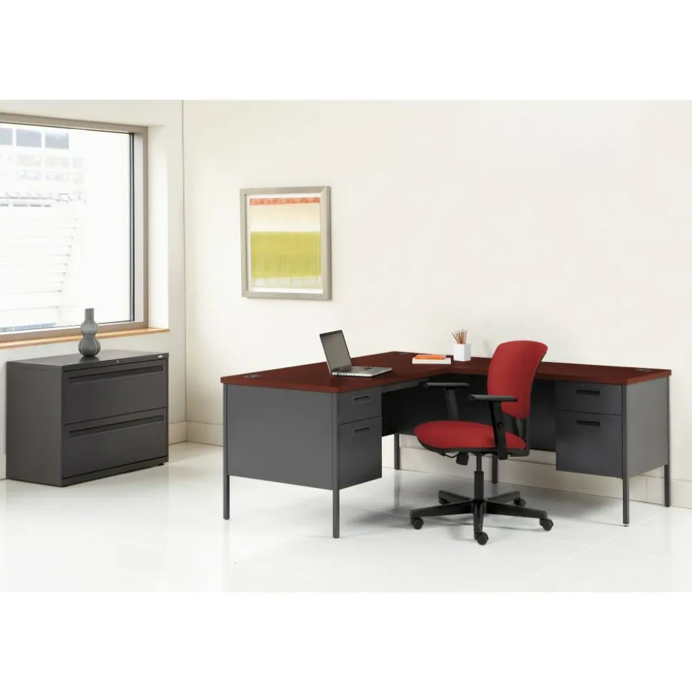HON Metro Classic 48"W Single-Pedestal Computer Desk, Mahogany/Charcoal