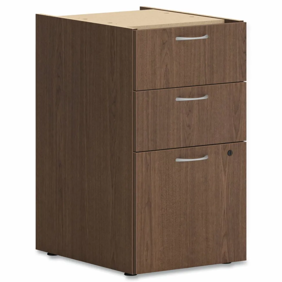 HON Mod Support Pedestal, Left or Right, 3-Drawers: Box/Box/File, Legal/Letter, Sepia Walnut, 15" x 20" x 28"