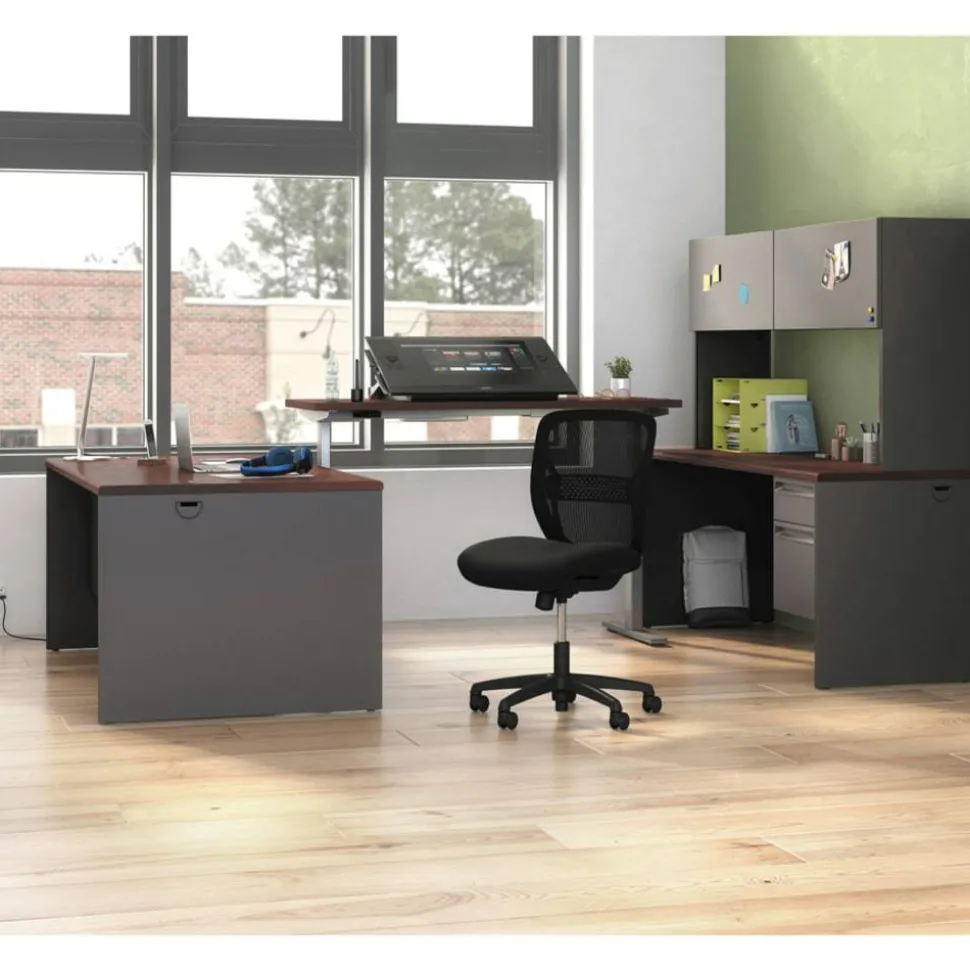 HON 38000 60"W Double-Pedestal Computer Desk, Mahogany/Charcoal