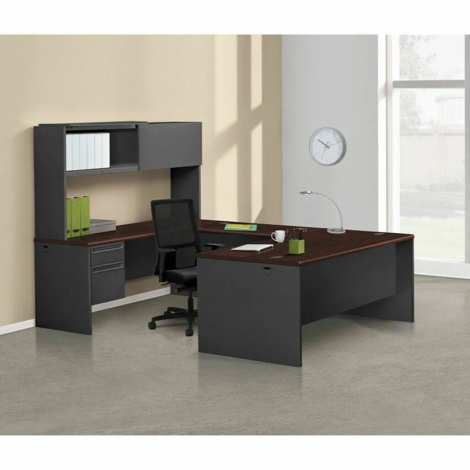 HON 38000 60"W Double-Pedestal Computer Desk, Mahogany/Charcoal