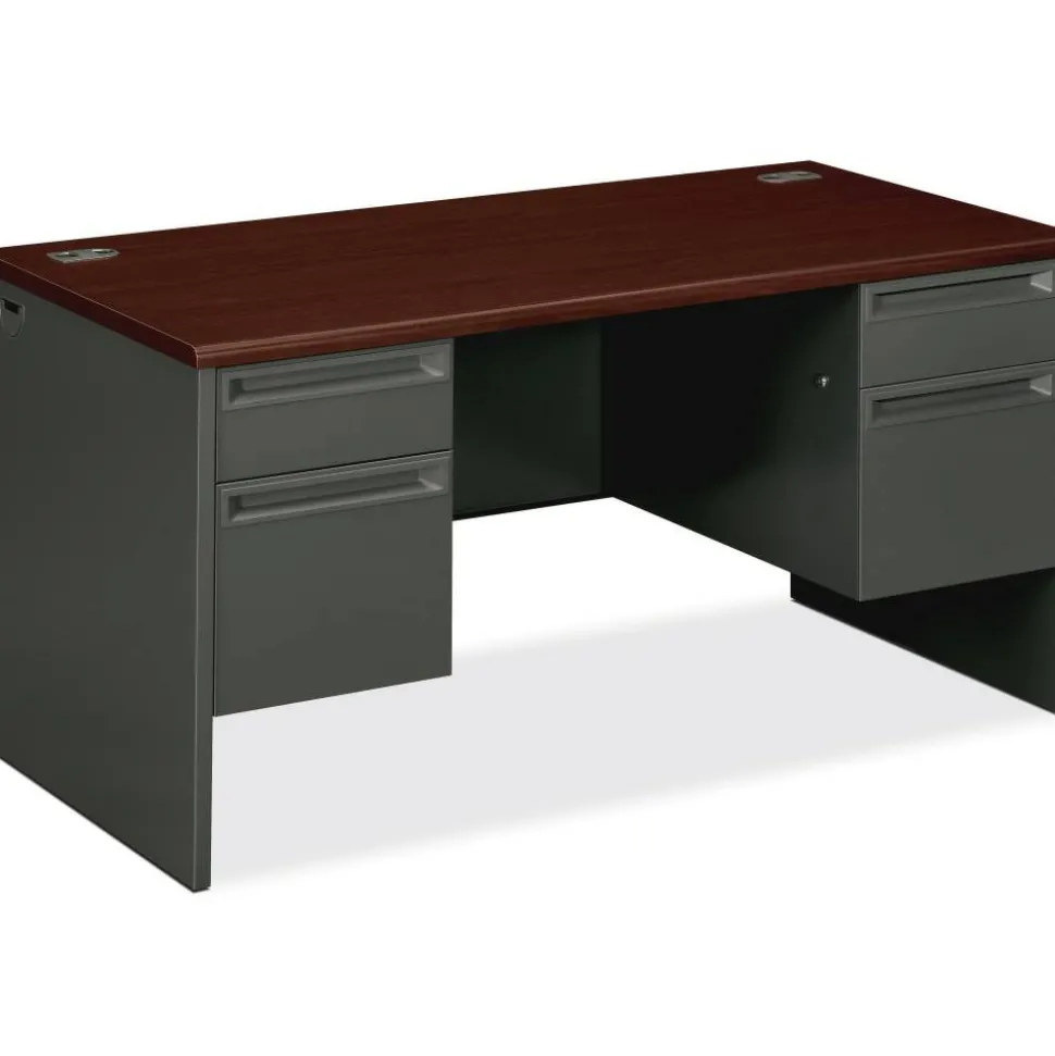 HON 38000 60"W Double-Pedestal Computer Desk, Mahogany/Charcoal